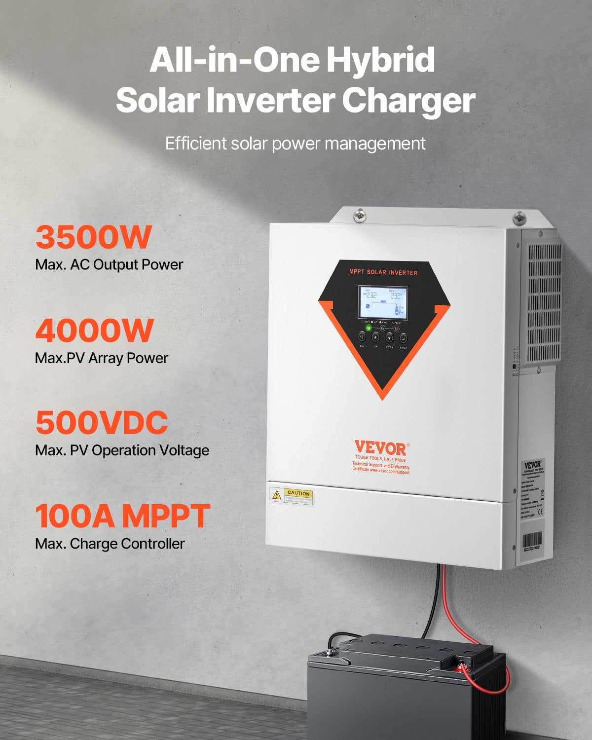 Hybrid Solar Inverter, 3500W, All in One Pure Sine Wave Power Inverter Charger, 220V AC, with Built-in 100A MPPT Solar Charger Controller, for Off-Grid System Lead Acid Lithium Battery