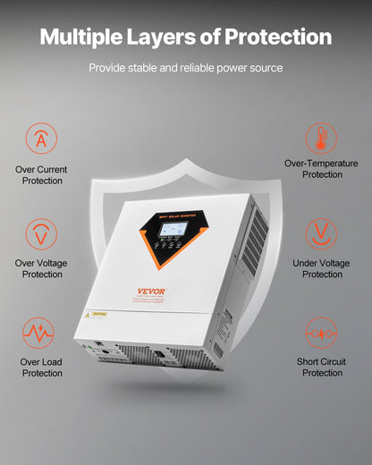 Hybrid Solar Inverter, 3500W, All in One Pure Sine Wave Power Inverter Charger, 220V AC, with Built-in 100A MPPT Solar Charger Controller, for Off-Grid System Lead Acid Lithium Battery