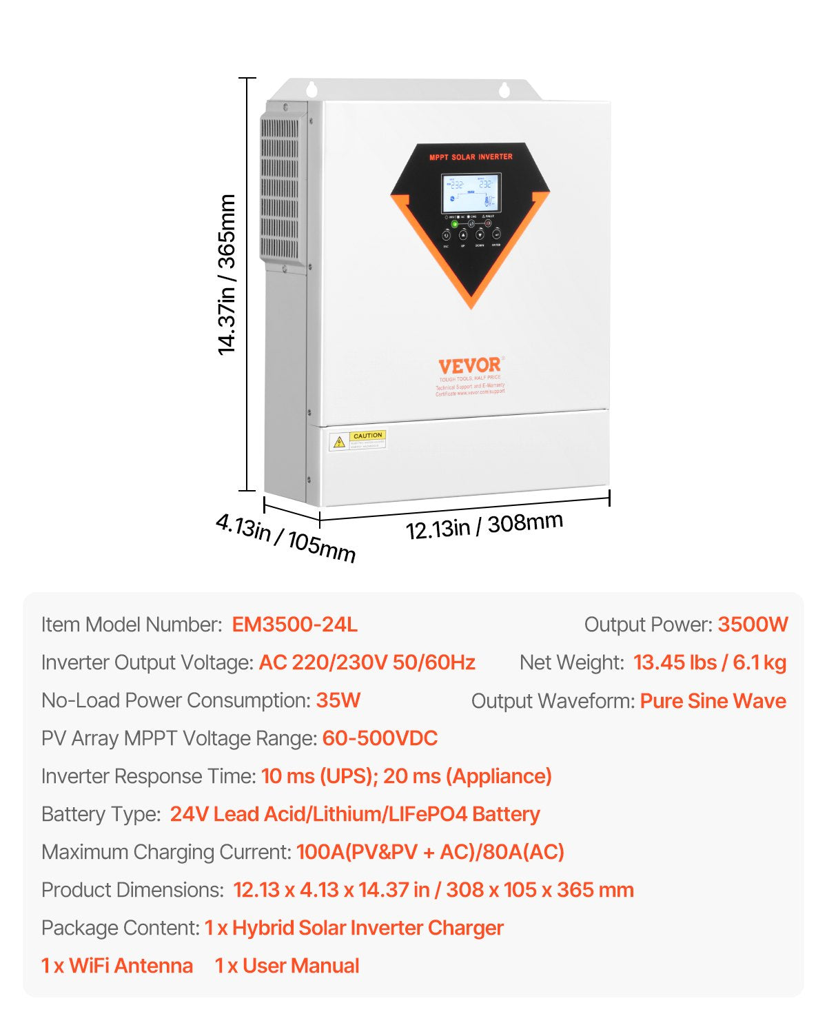 Hybrid Solar Inverter, 3500W, All in One Pure Sine Wave Power Inverter Charger, 220V AC, with Built-in 100A MPPT Solar Charger Controller, for Off-Grid System Lead Acid Lithium Battery