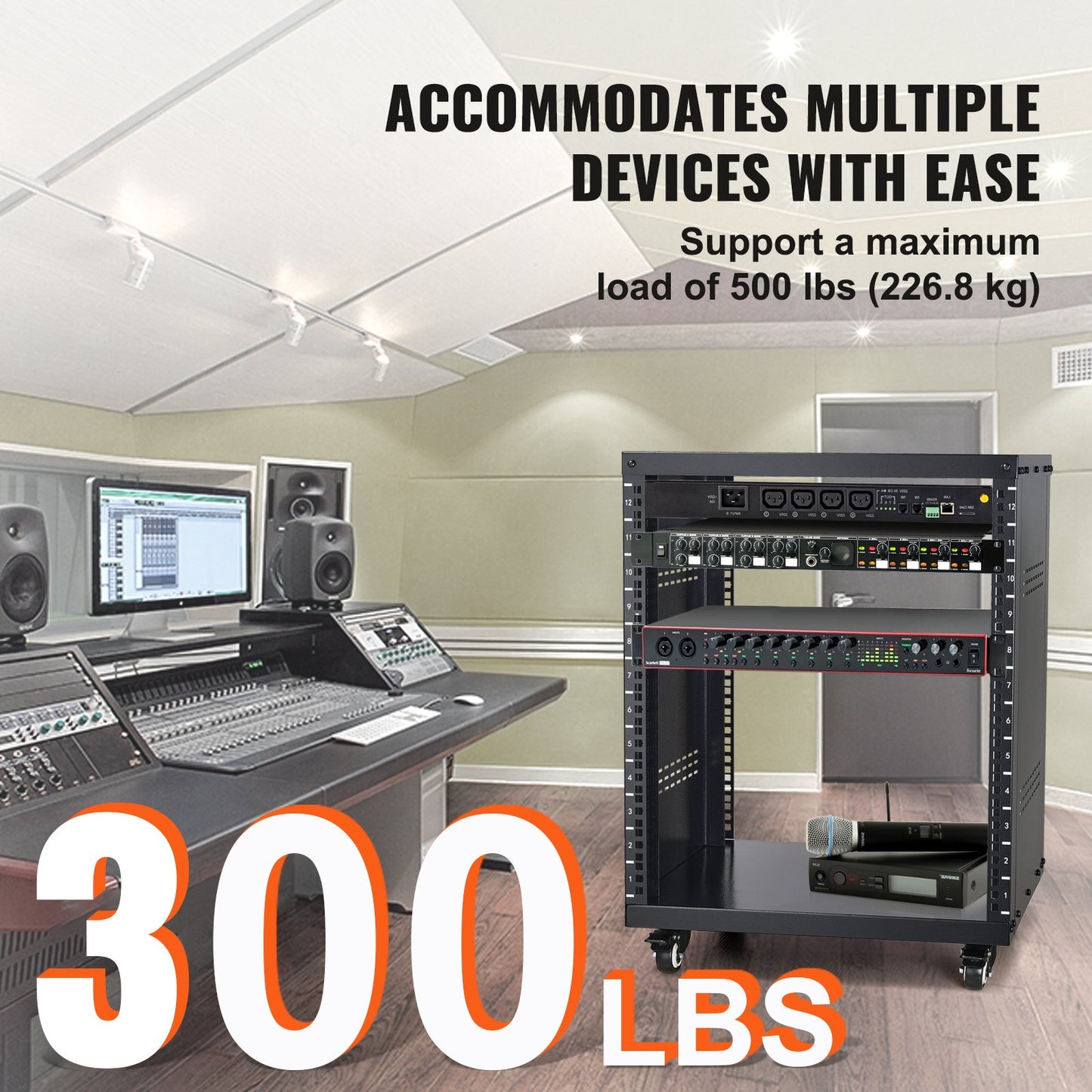12U AV Rack Stand, 136.08kg Capacity, Network Stereo Recording Studio Rack with Lockable Caster Wheels Round & Square Holes, Special Vent for 482.6 mm Audio Video Musical & IT Equipment Mounting