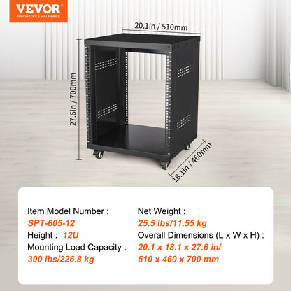 12U AV Rack Stand, 136.08kg Capacity, Network Stereo Recording Studio Rack with Lockable Caster Wheels Round & Square Holes, Special Vent for 482.6 mm Audio Video Musical & IT Equipment Mounting