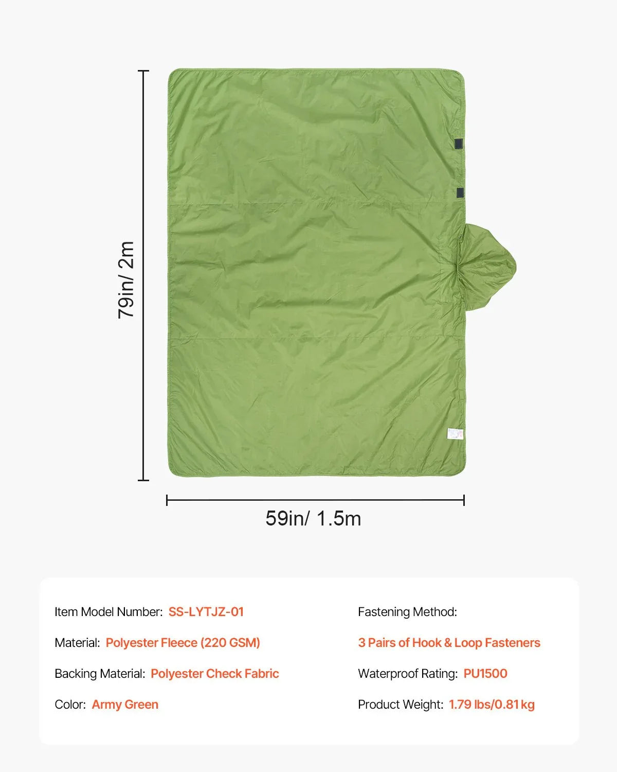 VEVOR Camping Blanket 2 m x 1.5 m Wearable Warm Stadium Blanket Army Green - Mekamart Australia