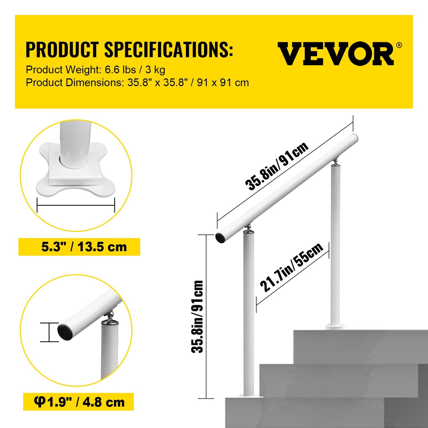 Handrail Outdoor Stairs, 3ft, 34 Inch Outdoor Handrail, Outdoor Stair Railing Adjustable from 0 to 60 Degrees Handrail for Stairs Outdoor White Aluminum Stair Railing for Garden, Office Area