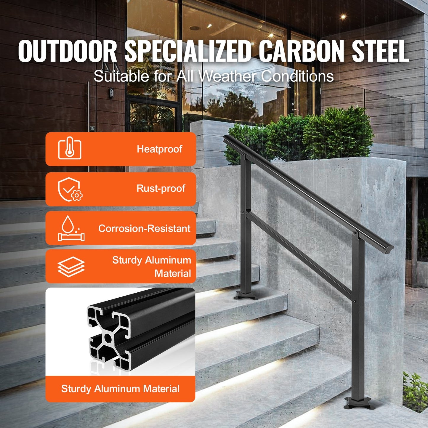 Handrail Outdoor Stairs 47.6 X 35.2 Inch Outdoor Handrail Outdoor Stair Railing Adjustable from 0 to 30 Degrees Handrail for Stairs Outdoor Aluminum Black Stair Railing Fit 3-4 Steps