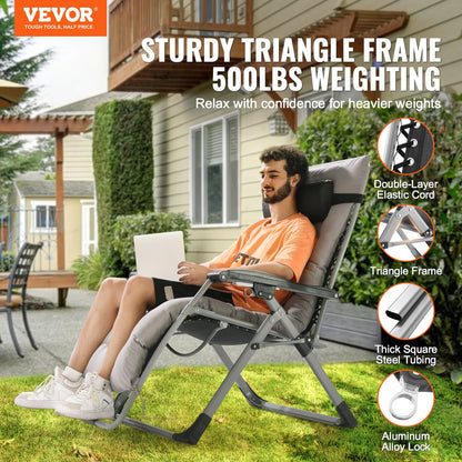 Zero Gravity Chair, 33 inch Zero Gravity Recliner Lounge Chair for Indoor and Outdoor, Adjustable Anti Gravity Chair with Cushion, Headrest, Footrest, and Cupholder, 500 lbs, Gray