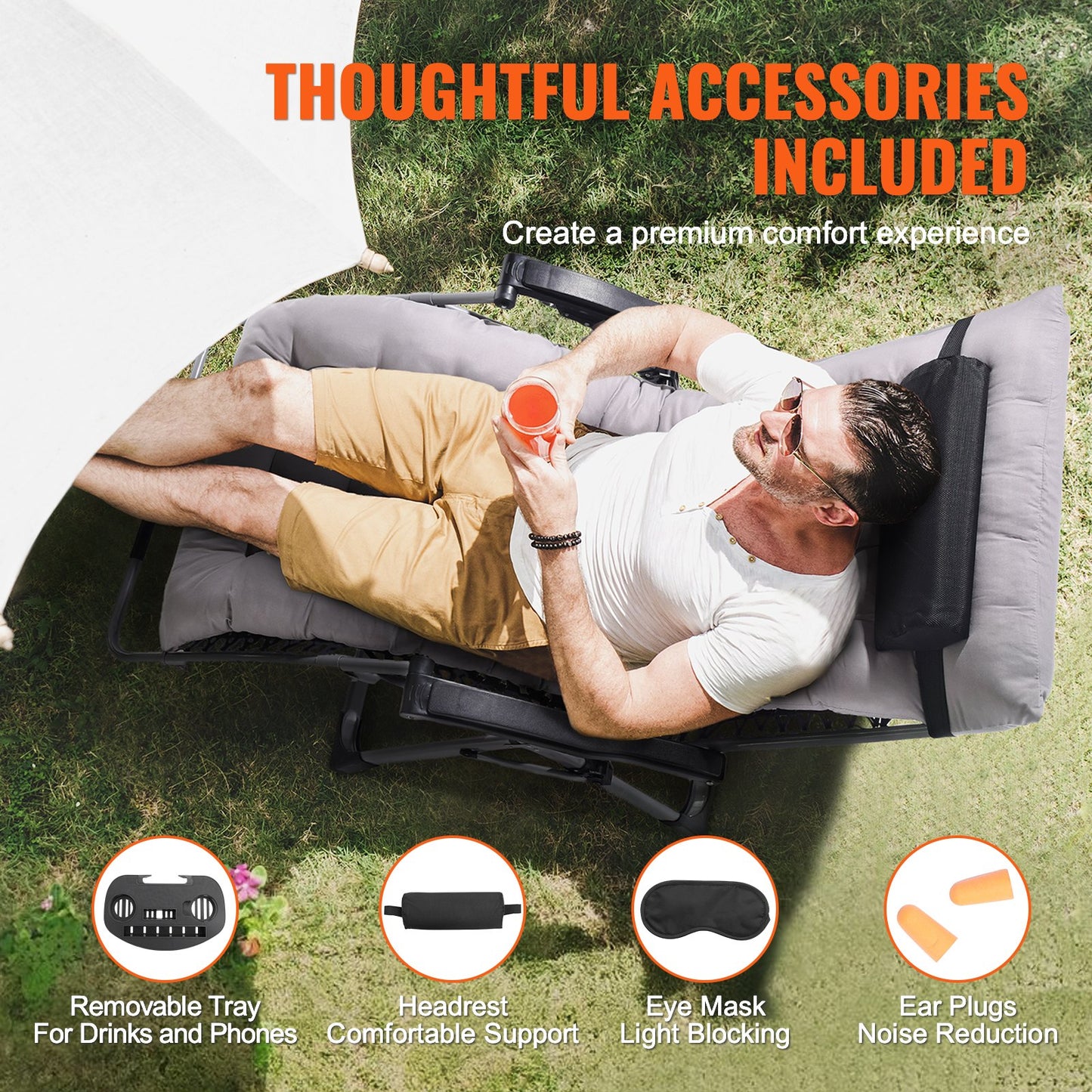 Zero Gravity Chair, 33 inch Zero Gravity Recliner Lounge Chair for Indoor and Outdoor, Adjustable Anti Gravity Chair with Cushion, Headrest, Footrest, and Cupholder, 500 lbs, Gray