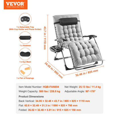 Zero Gravity Chair, 33 inch Zero Gravity Recliner Lounge Chair for Indoor and Outdoor, Adjustable Anti Gravity Chair with Cushion, Headrest, Footrest, and Cupholder, 500 lbs, Gray