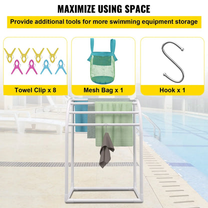 VEVOR Pool Towel Rack, 5 Bar, Milky, Freestanding Outdoor PVC Curved Poolside Storage Organizer, Include 8 Towel Clips, Mesh Bag, Hook, Also Stores Floats and Paddles, for Beach, Swimming Pool, Home - Mekamart Australia