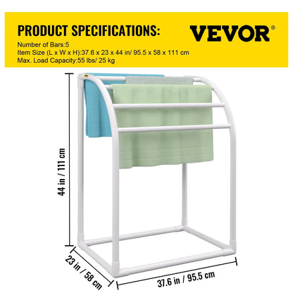 VEVOR Pool Towel Rack, 5 Bar, Milky, Freestanding Outdoor PVC Curved Poolside Storage Organizer, Include 8 Towel Clips, Mesh Bag, Hook, Also Stores Floats and Paddles, for Beach, Swimming Pool, Home - Mekamart Australia