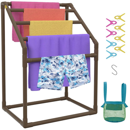 VEVOR Pool Towel Rack, 5 Bar, Brown, Freestanding Outdoor PVC Trapedozal Poolside Storage Organizer, Include 8 Towel Clips, Mesh Bag, Hook, Also Stores Floats and Paddles, for Beach, Swimming Pool - Mekamart Australia