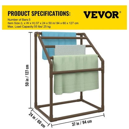 VEVOR Pool Towel Rack, 5 Bar, Brown, Freestanding Outdoor PVC Trapedozal Poolside Storage Organizer, Include 8 Towel Clips, Mesh Bag, Hook, Also Stores Floats and Paddles, for Beach, Swimming Pool - Mekamart Australia