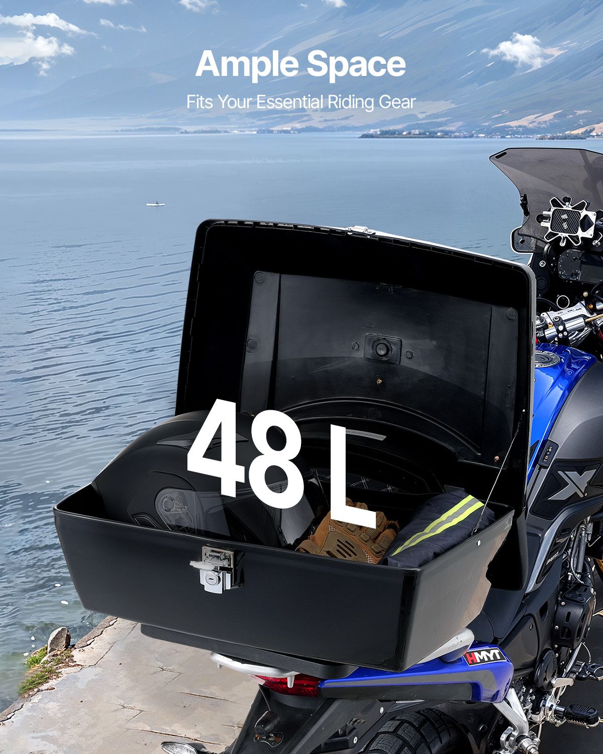Motorcycle Top Case, Universal Durable PP Material Motorbike Tail Box with Reflective Panel, 48L Waterproof Detachable Motorcycle Top Box with Multi-Hole Base, Fit for 99% of Motorcycle Frames