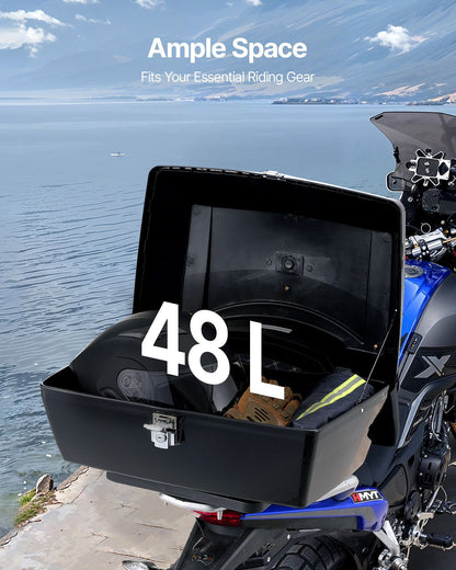 Motorcycle Top Case, Universal Durable PP Material Motorbike Tail Box with Reflective Panel, 48L Waterproof Detachable Motorcycle Top Box with Multi-Hole Base, Fit for 99% of Motorcycle Frames