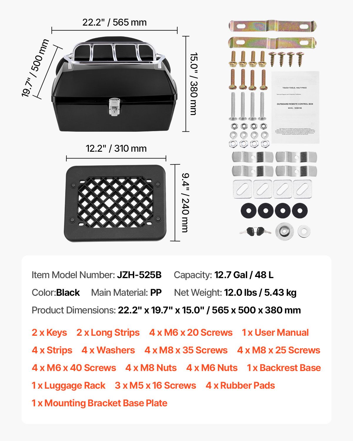 Motorcycle Top Case, Universal Durable PP Material Motorbike Tail Box with Reflective Panel, 48L Waterproof Detachable Motorcycle Top Box with Multi-Hole Base, Fit for 99% of Motorcycle Frames