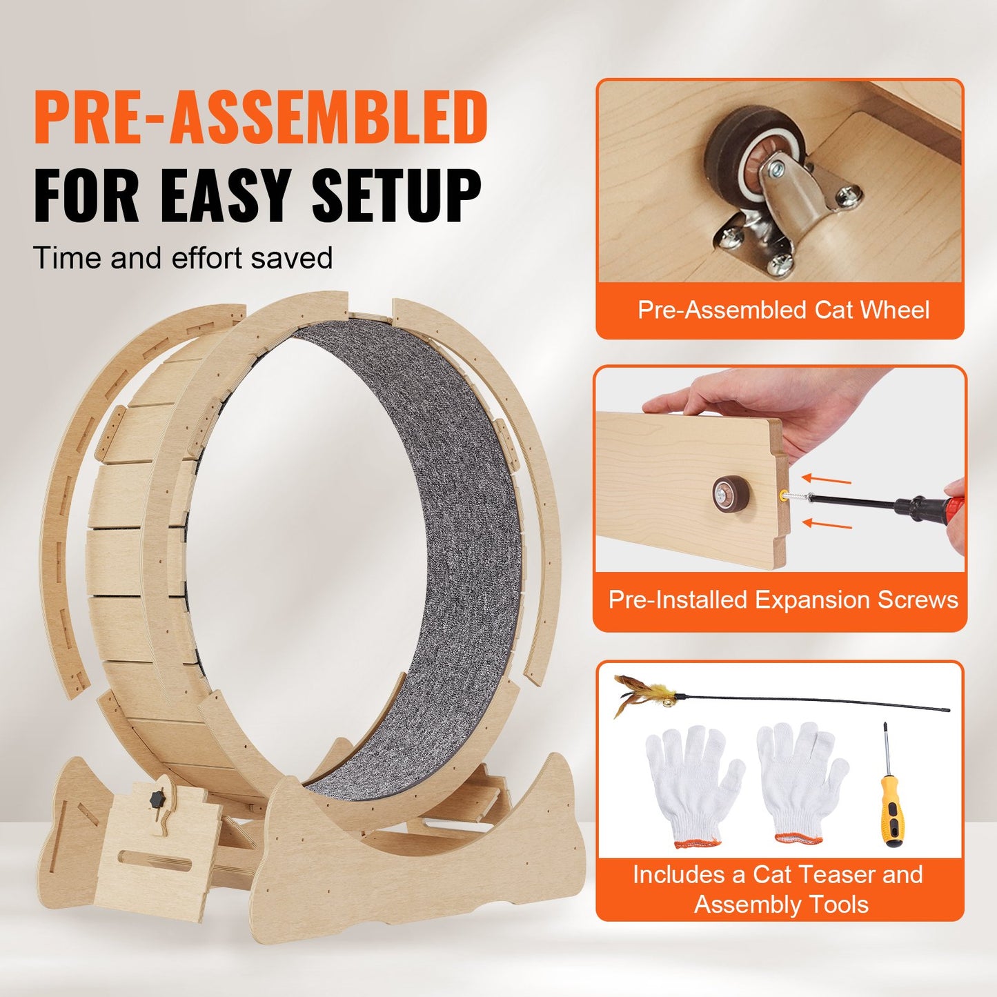 Cat Exercise Wheel, Large Cat Treadmill Wheel for Indoor Cats, 35.8 inch Cat Running Wheel with Detachable Carpet and Cat Teaser for Running/Walking/Training, Suitable for Most Cats