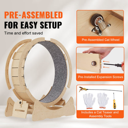 Cat Exercise Wheel, Large Cat Treadmill Wheel for Indoor Cats, 35.8 inch Cat Running Wheel with Detachable Carpet and Cat Teaser for Running/Walking/Training, Suitable for Most Cats