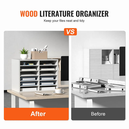 VEVOR Wood Literature Organizer Adjustable File Sorter 12 Compartments White - Mekamart Australia