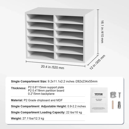 VEVOR Wood Literature Organizer Adjustable File Sorter 12 Compartments White - Mekamart Australia