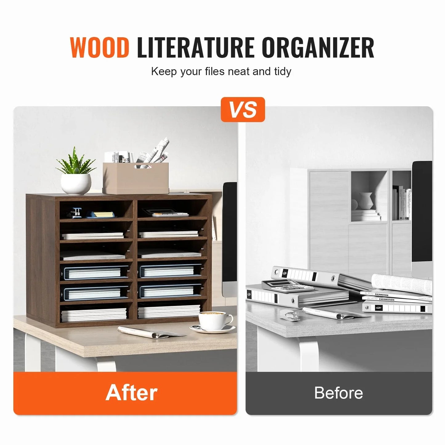 VEVOR Wood Literature Organizer Adjustable File Sorter 12 Compartments Brown - Mekamart Australia