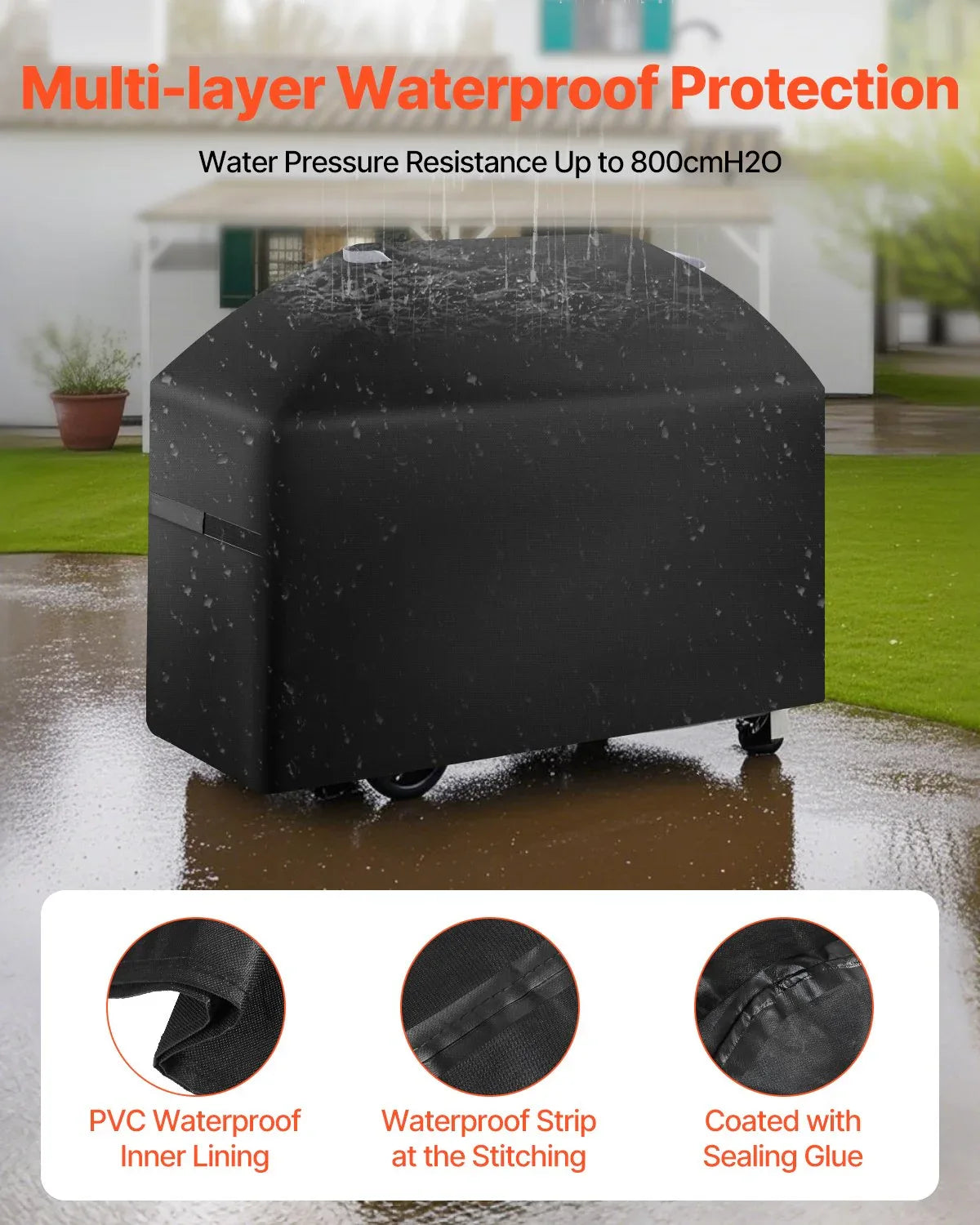 VEVOR Grill Cover, 63 inch BBQ Covers for Outdoor Grills, Waterproof, Fade Resistant, Weather Resistant Heavy Duty 600D Polyester, Easy On/Off, with Hook-and-Loop Straps, Black - Mekamart Australia