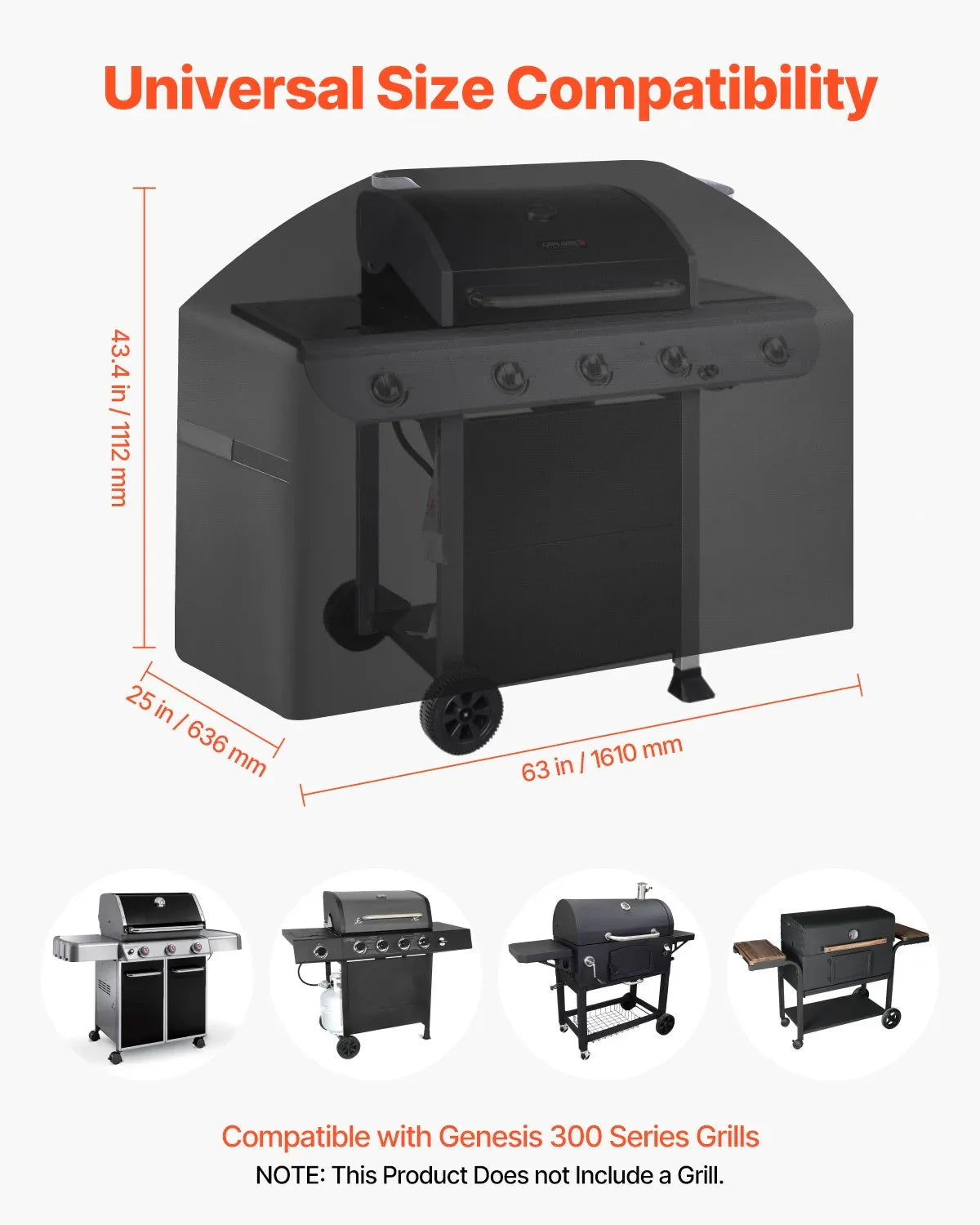 VEVOR Grill Cover, 63 inch BBQ Covers for Outdoor Grills, Waterproof, Fade Resistant, Weather Resistant Heavy Duty 600D Polyester, Easy On/Off, with Hook-and-Loop Straps, Black - Mekamart Australia