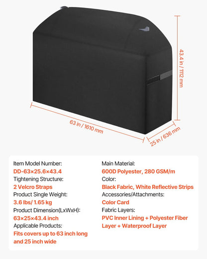 VEVOR Grill Cover, 63 inch BBQ Covers for Outdoor Grills, Waterproof, Fade Resistant, Weather Resistant Heavy Duty 600D Polyester, Easy On/Off, with Hook-and-Loop Straps, Black - Mekamart Australia