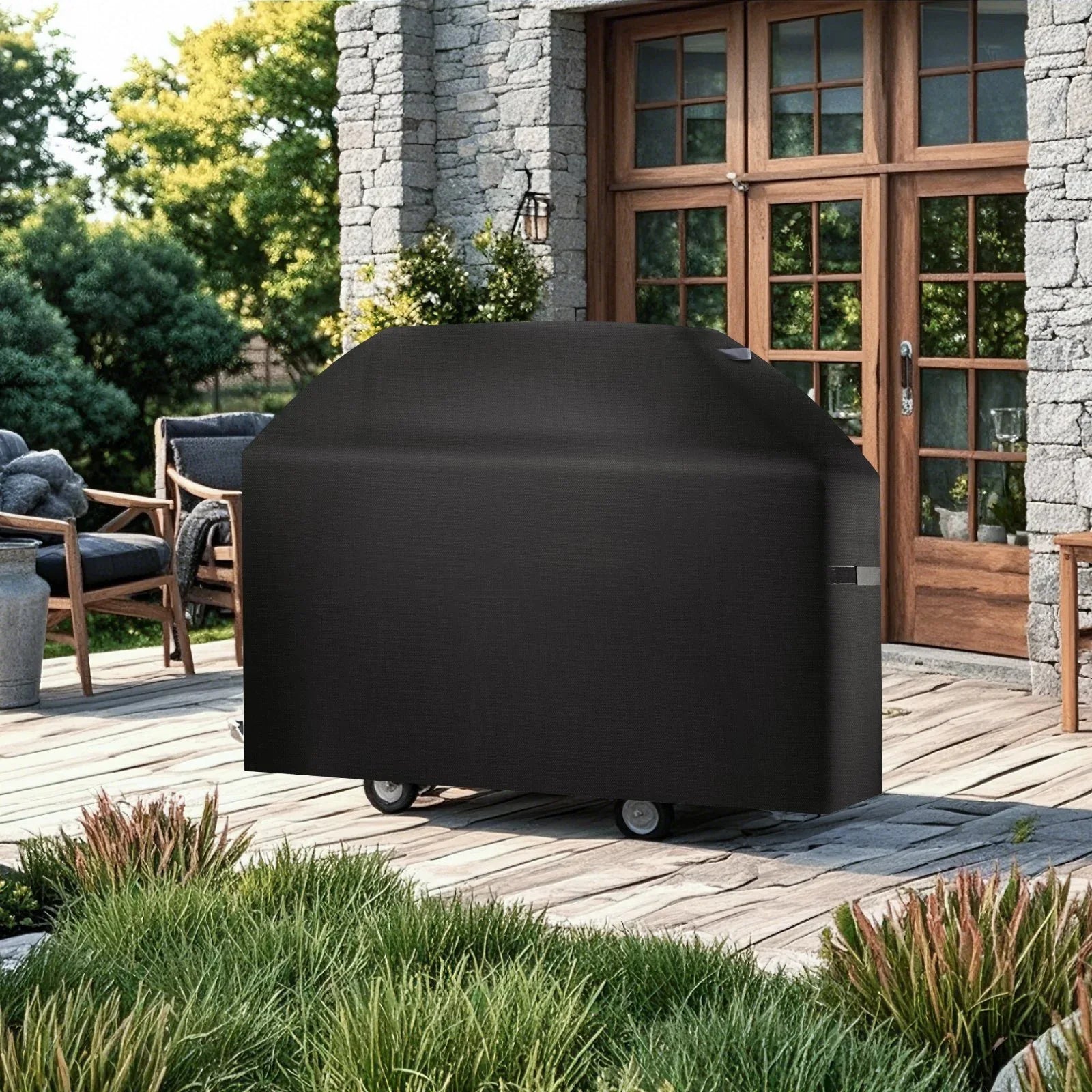 VEVOR Grill Cover, 63 inch BBQ Covers for Outdoor Grills, Waterproof, Fade Resistant, Weather Resistant Heavy Duty 600D Polyester, Easy On/Off, with Hook-and-Loop Straps, Black - Mekamart Australia