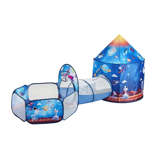 VEVOR 3 in 1 Kids Play Tent with Tunnel for Boys, Girls, Babies and Toddlers, Indoor/Outdoor Pop Up Playhouse with Carrying Bag & Banding Straps Birthday Gifts, Royal Blue Color Rocket Theme - Mekamart Australia