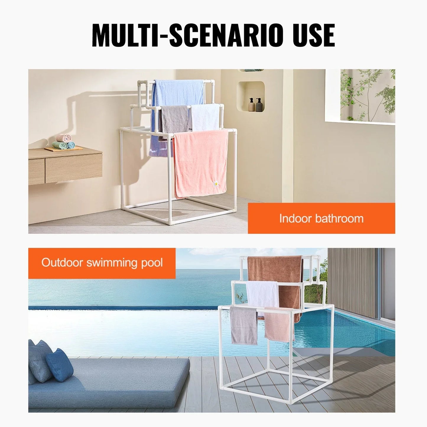 VEVOR Towel Rack 8-Bar Outdoor PVC Towel Holder for Poolside Spa Bathroom White - Mekamart Australia