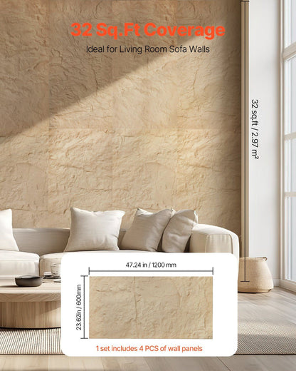 3D Wall Panels, 4 Pack 120 x 60 cm PU Natural Stone Imitation Wall Art Tiles, 2.97 m² Coverage Accent Wall Panel, Interior Home Decor for Ceiling, Bedroom, Living & Gaming Room, Stone Yellow