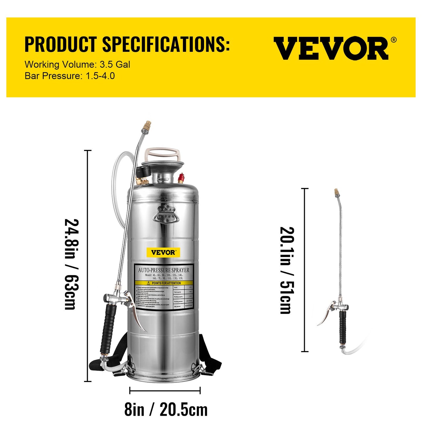 3.5Gal Stainless Steel Sprayer,l Set with 20" Wand& Handle& 3FT Reinforced Hose, Hand Pump Sprayer with Pressure Gauge&Safety Valve, Adjustable Nozzle Suitable for Gardening& Sanitizing