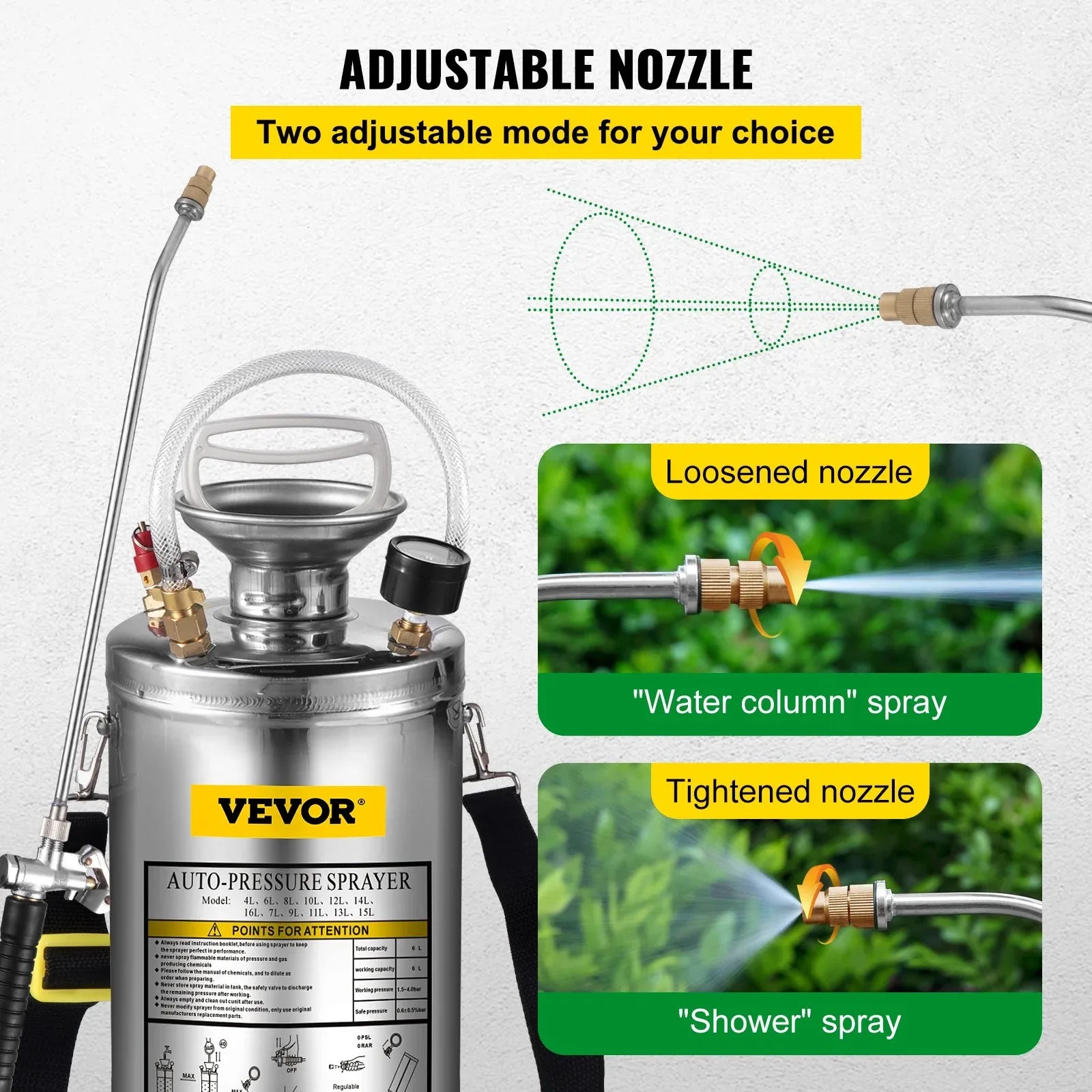 VEVOR 1.5Gal Stainless Steel Sprayer, Set with 16" Wand& Handle& 3.3FT Reinforced Hose, Hand Pump Sprayer with Pressure Gauge&Safety Valve, Adjustable Nozzle Suitable for Gardening& Sanitizing - Mekamart Australia