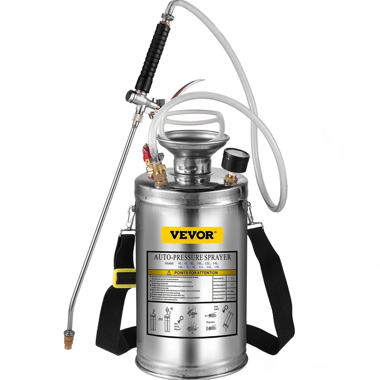 VEVOR 1.5Gal Stainless Steel Sprayer, Set with 16" Wand& Handle& 3.3FT Reinforced Hose, Hand Pump Sprayer with Pressure Gauge&Safety Valve, Adjustable Nozzle Suitable for Gardening& Sanitizing - Mekamart Australia