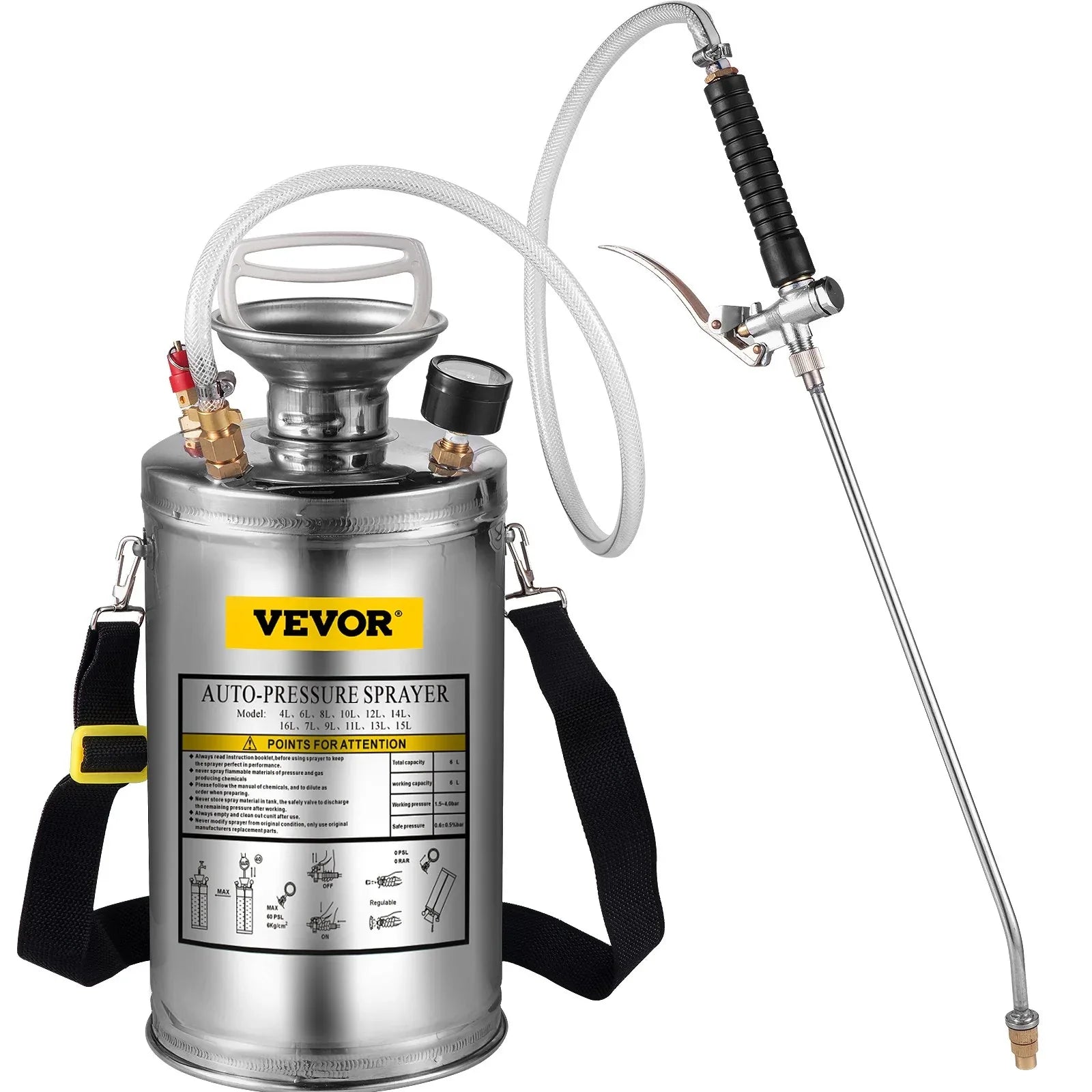 VEVOR 1.5Gal Stainless Steel Sprayer, Set with 16" Wand& Handle& 3.3FT Reinforced Hose, Hand Pump Sprayer with Pressure Gauge&Safety Valve, Adjustable Nozzle Suitable for Gardening& Sanitizing - Mekamart Australia