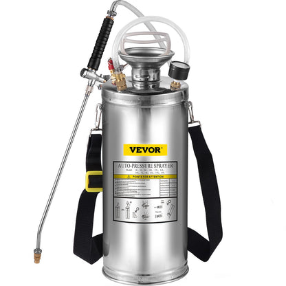 VEVOR 2Gal Stainless Steel Sprayer, Set with 20\" Wand& Handle& 3FT Reinforced Hose, Hand Pump Sprayer with Pressure Gauge&Safety Valve, Adjustable Nozzle Suitable for Gardening and Sanitizing