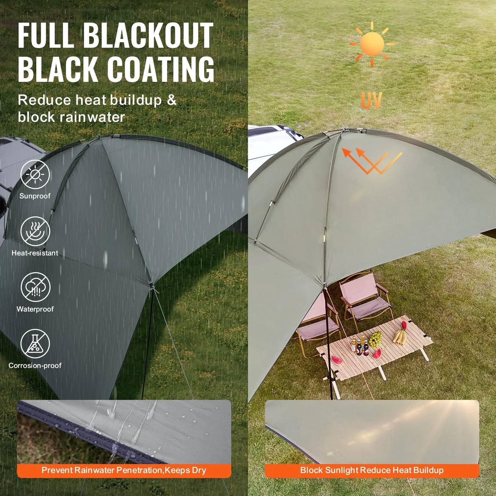 VEVOR Vehicle Awning, Large 10' x 7' Shade Coverage Car Side Awning, PU2000mm UV50+ Car Awning with Extended Side Canopies and Portable Storage Bag, Suitable for Truck, SUV, Van, Campers - Mekamart Australia