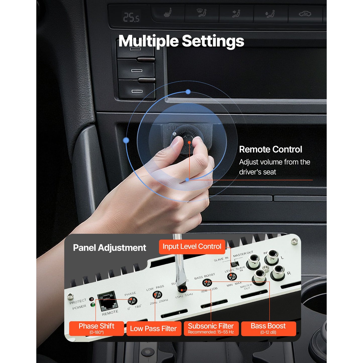 Monoblock Car Amplifier, 1200W RMS MAX, 1/2/4 Ohm Stable, 1-Channel Class D Car Audio Amplifier with Remote Subwoofer Level Control, Low Pass Filter, Bass Boost & Phase Shift, Volume Controller