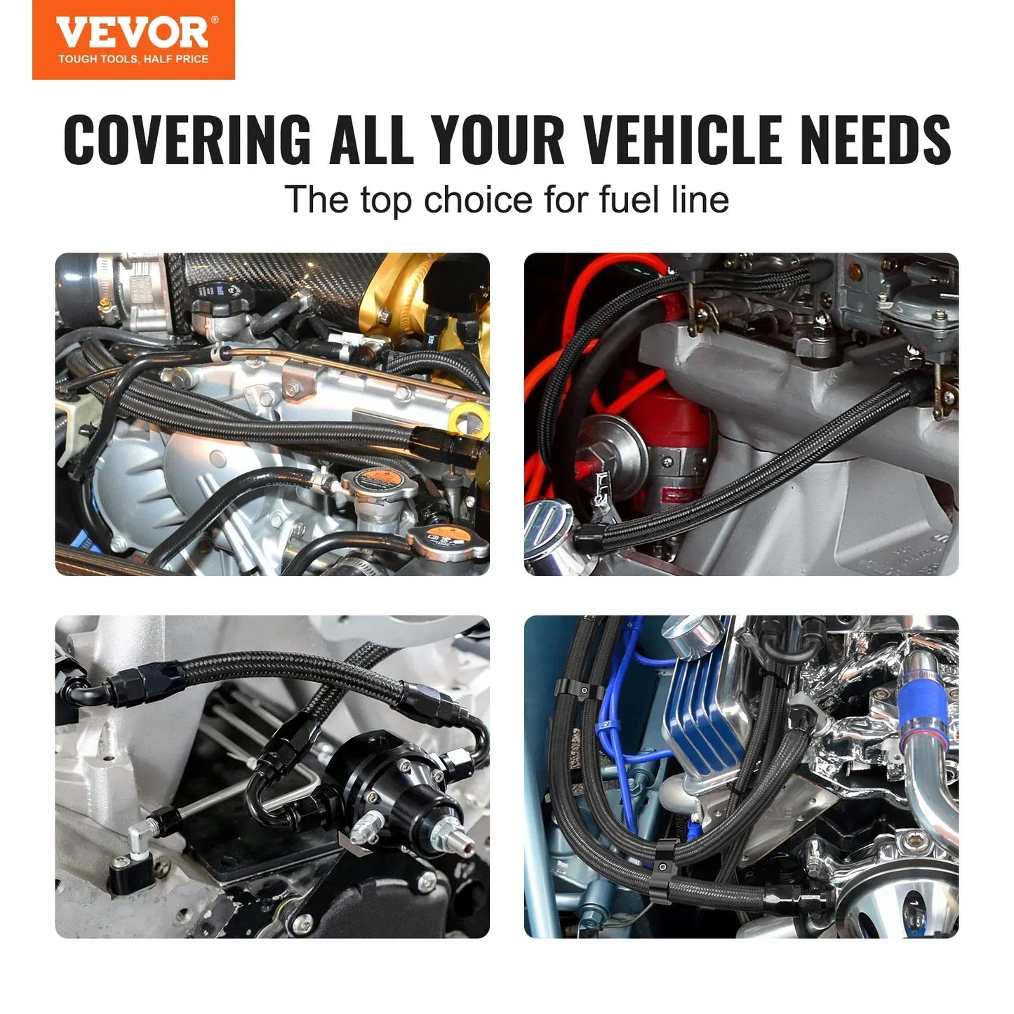 VEVOR 6AN Fuel Line Kit, 6.1 m Fuel Hose Kit, 0.86 cm Nylon Stainless Steel Braided Fuel Line Oil/Gas/Diesel Hose End Fitting Kit, with 12 PCS Swivel Fitting Adapter Kit, Black - Mekamart Australia