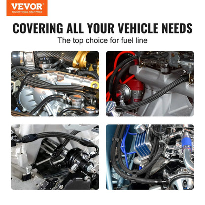 VEVOR 6AN Fuel Line Kit, 6.1 m Fuel Hose Kit, 0.86 cm Nylon Stainless Steel Braided Fuel Line Oil/Gas/Diesel Hose End Fitting Kit, with 12 PCS Swivel Fitting Adapter Kit, Black - Mekamart Australia
