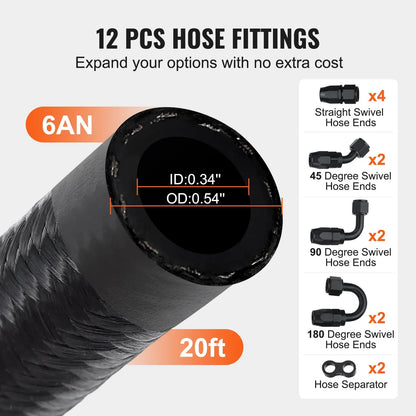 VEVOR 6AN Fuel Line Kit, 6.1 m Fuel Hose Kit, 0.86 cm Nylon Stainless Steel Braided Fuel Line Oil/Gas/Diesel Hose End Fitting Kit, with 12 PCS Swivel Fitting Adapter Kit, Black - Mekamart Australia