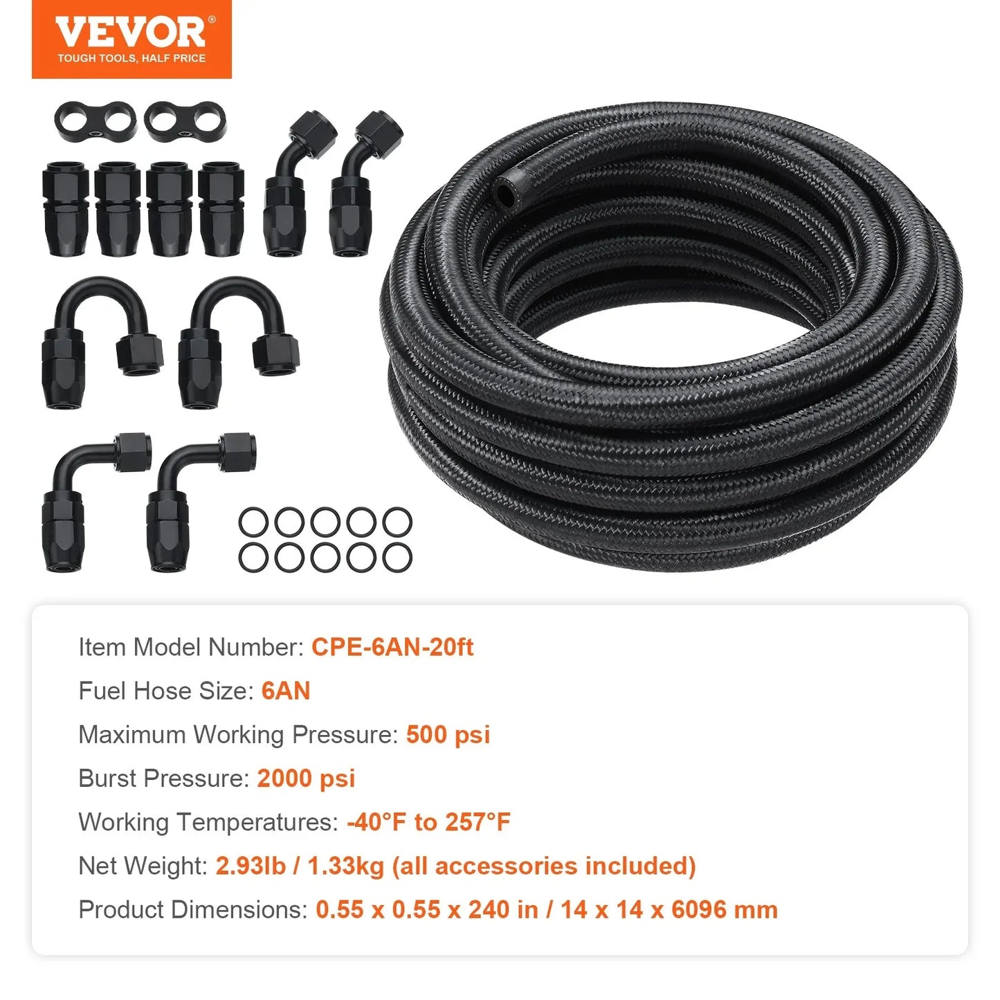 VEVOR 6AN Fuel Line Kit, 6.1 m Fuel Hose Kit, 0.86 cm Nylon Stainless Steel Braided Fuel Line Oil/Gas/Diesel Hose End Fitting Kit, with 12 PCS Swivel Fitting Adapter Kit, Black - Mekamart Australia