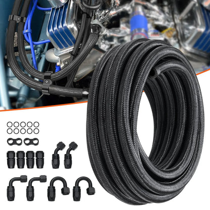 VEVOR 6AN Fuel Line Kit, 6.1 m Fuel Hose Kit, 0.86 cm Nylon Stainless Steel Braided Fuel Line Oil/Gas/Diesel Hose End Fitting Kit, with 12 PCS Swivel Fitting Adapter Kit, Black - Mekamart Australia