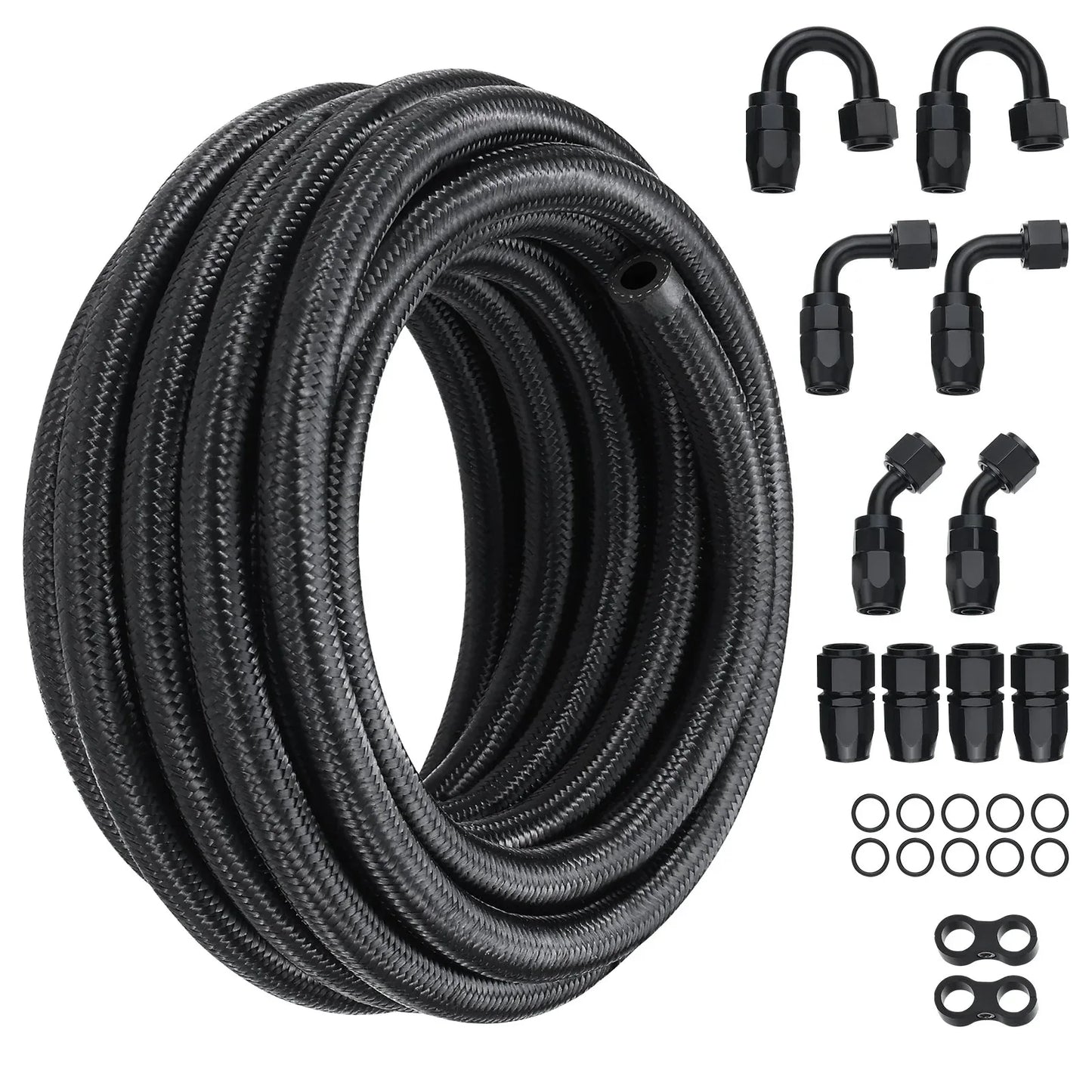 VEVOR 6AN Fuel Line Kit, 6.1 m Fuel Hose Kit, 0.86 cm Nylon Stainless Steel Braided Fuel Line Oil/Gas/Diesel Hose End Fitting Kit, with 12 PCS Swivel Fitting Adapter Kit, Black - Mekamart Australia
