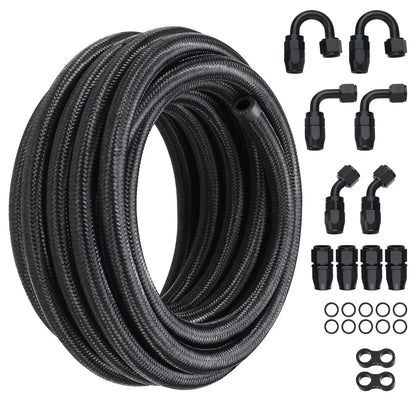 VEVOR 6AN Fuel Line Kit, 6.1 m Fuel Hose Kit, 0.86 cm Nylon Stainless Steel Braided Fuel Line Oil/Gas/Diesel Hose End Fitting Kit, with 12 PCS Swivel Fitting Adapter Kit, Black - Mekamart Australia