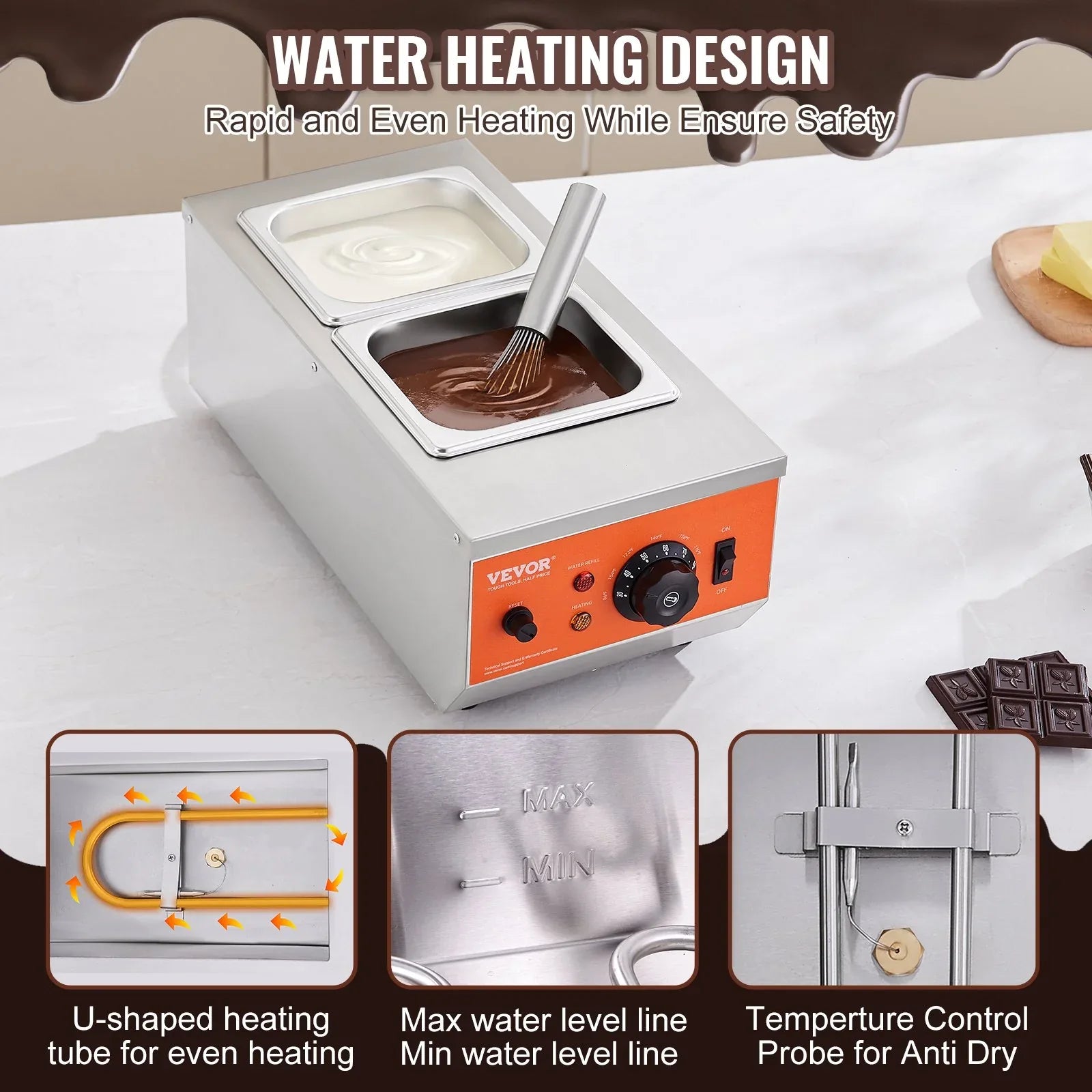 VEVOR Chocolate Tempering Machine, 2 Tanks Chocolate Melting Pot with TEMP Control, 800W Stainless Steel Electric Commercial Food Warmer For Chocolate/Milk/Cream Melting and Heating - Mekamart Australia