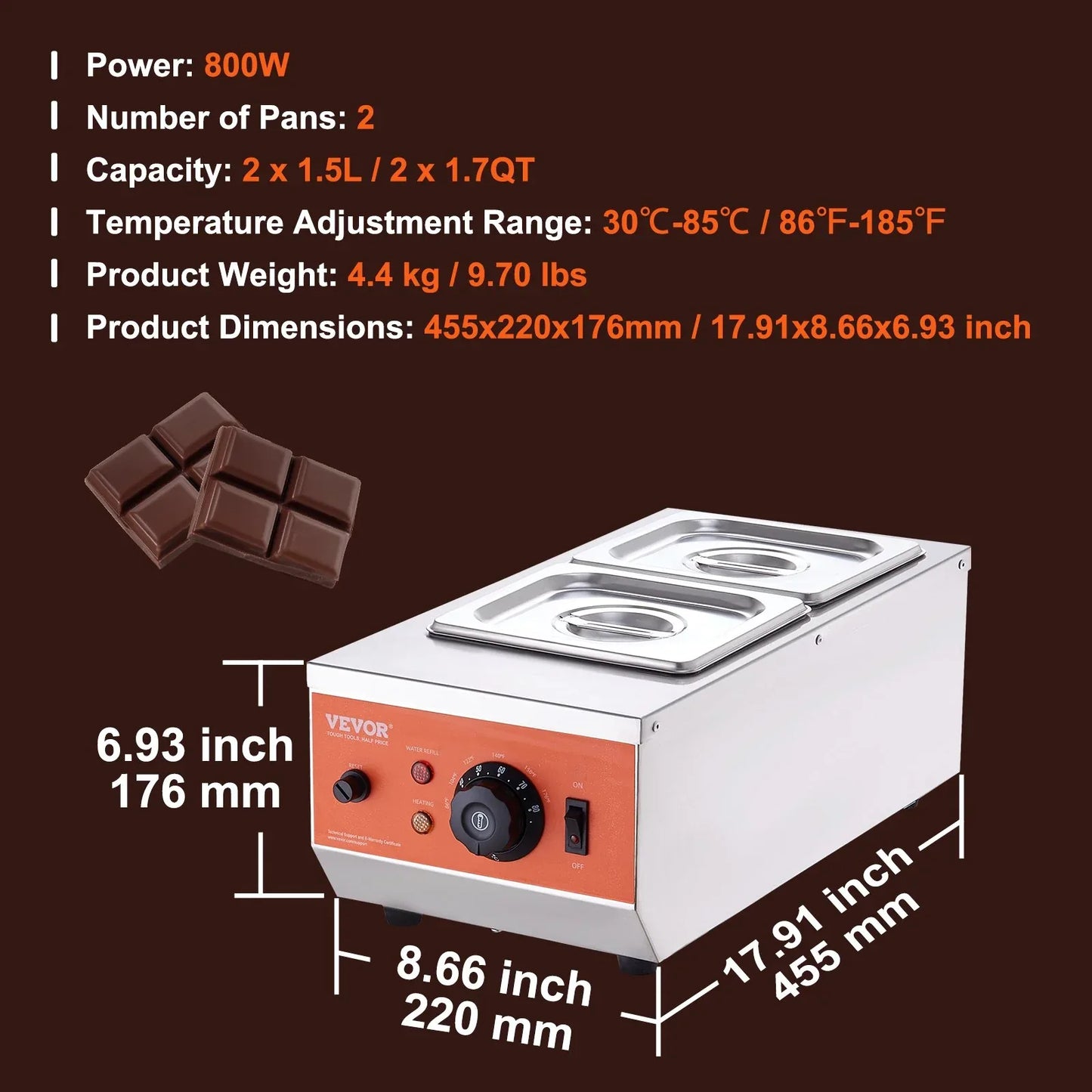 VEVOR Chocolate Tempering Machine, 2 Tanks Chocolate Melting Pot with TEMP Control, 800W Stainless Steel Electric Commercial Food Warmer For Chocolate/Milk/Cream Melting and Heating - Mekamart Australia
