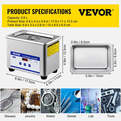 VEVOR 0.8L Professional Ultrasonic Cleaner 304 Stainless Steel Digital Lab Ultrasonic Cleaner with Timer for Jewelry Watch Glasses Circuit Board Dentures Small Parts Dental Instrument (0.8L) - Mekamart Australia