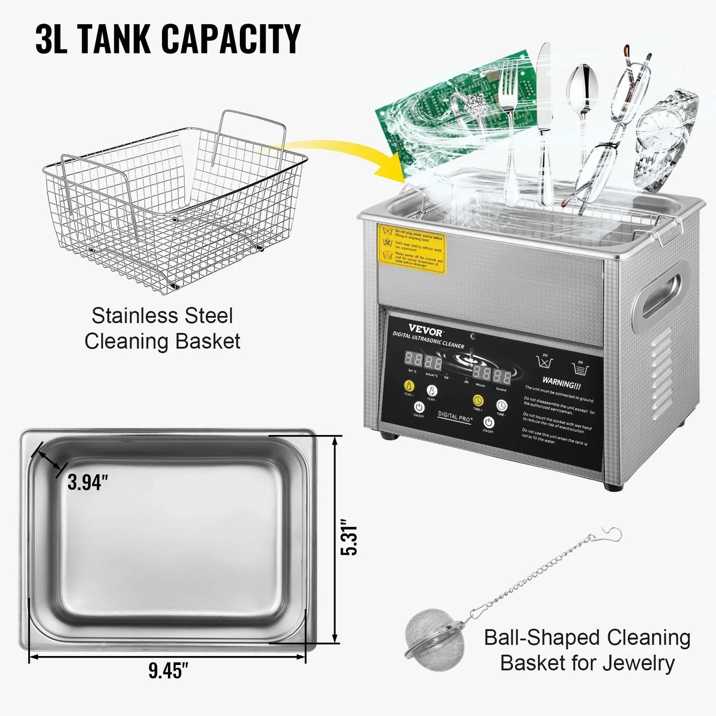 VEVOR Digital Ultrasonic Cleaner 3L Ultrasonic Cleaning Machine 220V 50kHz Sonic Cleaner Machine 304 Stainless Steel Ultrasonic Cleaner Machine with Heater and Timer for Cleaning Jewelry Glasses Watch - Mekamart Australia