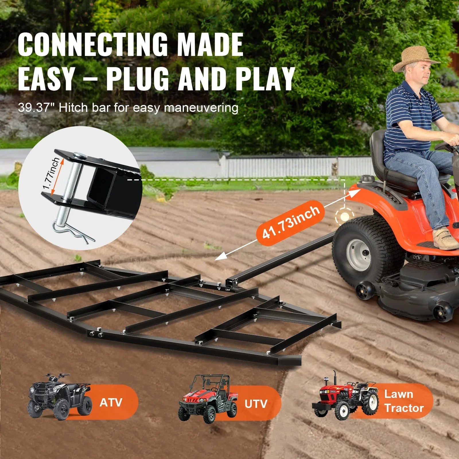 VEVOR Driveway Drag, 84" Width Tow Behind Drag Harrow, Q235 Steel Driveway Grader with Adjustable Bars, Support up to 50 lbs, Driveway Tractor Harrow for ATVs, UTVs, Garden Lawn Tractors - Mekamart Australia