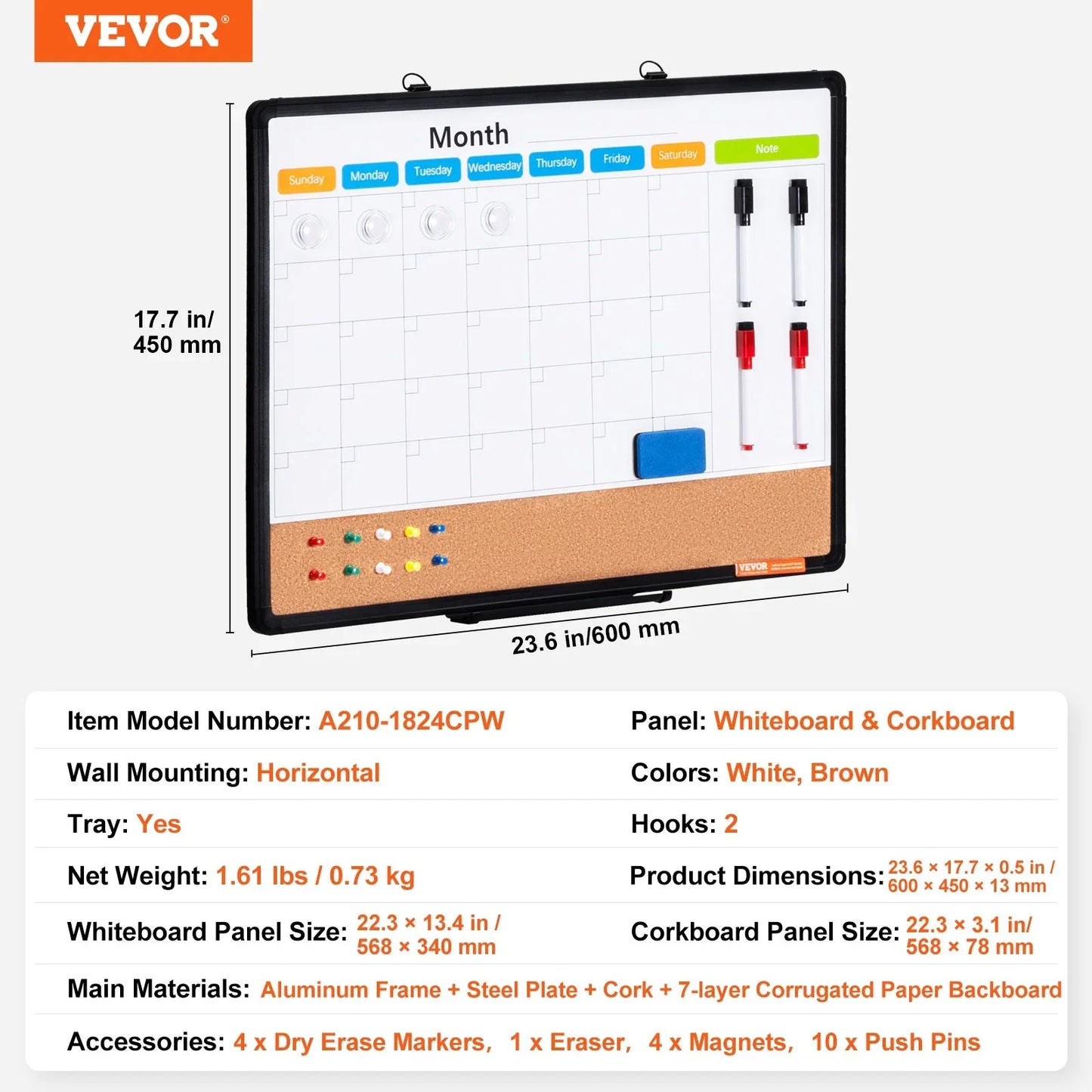 VEVOR 24"x 18" Monthly Calendar Whiteboard & Cork Board Combo with Aluminum Frame – 2-in-1 Magnetic Dry Erase Bulletin Board for Wall Mount – Ideal for School, Home, Office - Mekamart Australia